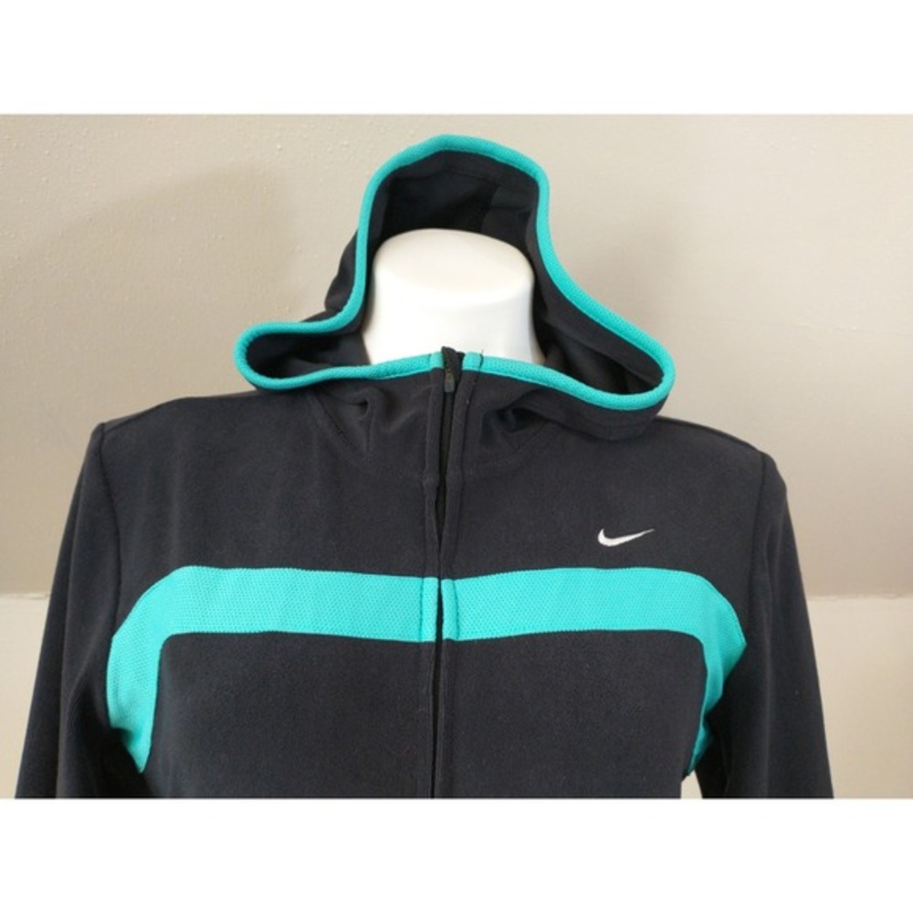 Nike Womens Full Zip Hoodie Black Turquoise Athletic Y2K Large Zipper Pockets
